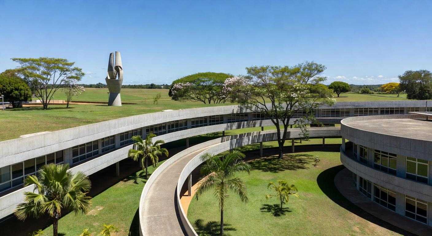 Construção de escola moderna inspirada no modernismo de Brasília no DF, com arquitetura em concreto e linhas curvas.