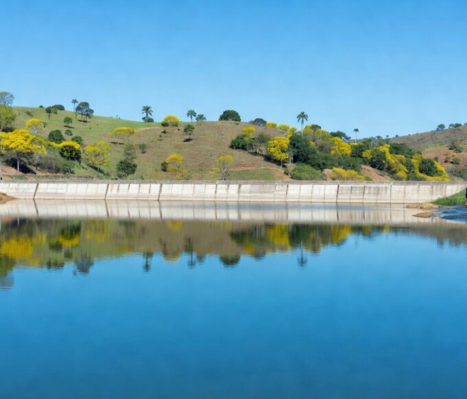 Reservatório de água no DF atingindo capacidade máxima, garantindo abastecimento hídrico, com barragem e paisagem natural.