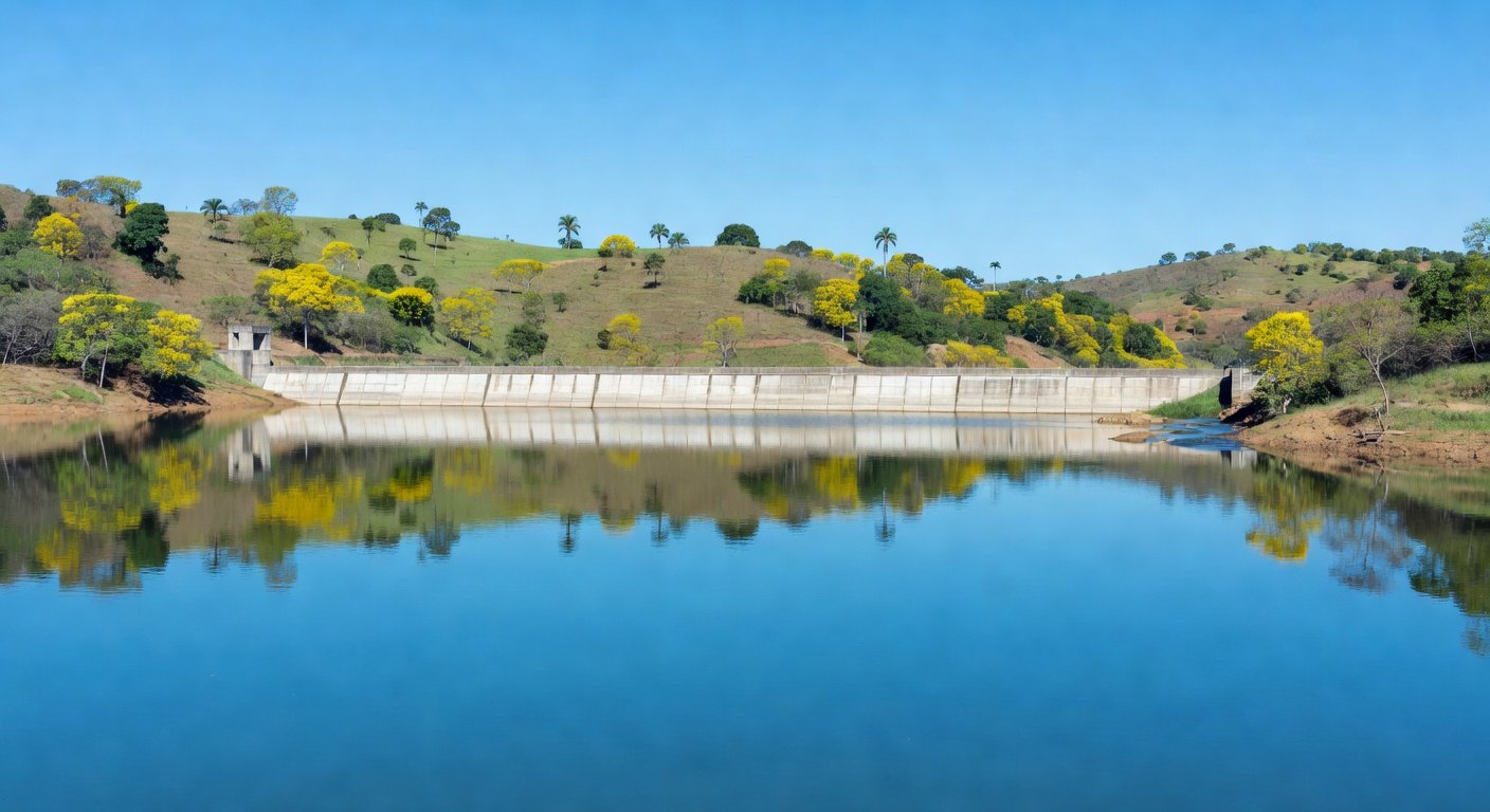 Reservatório de água no DF atingindo capacidade máxima, garantindo abastecimento hídrico, com barragem e paisagem natural.