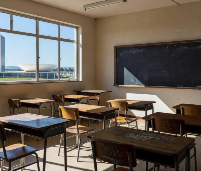 Escola pública em Brasília com arquitetura moderna e Congresso Nacional ao fundo, representando suspensão de portaria sobre remuneração de professores no DF.