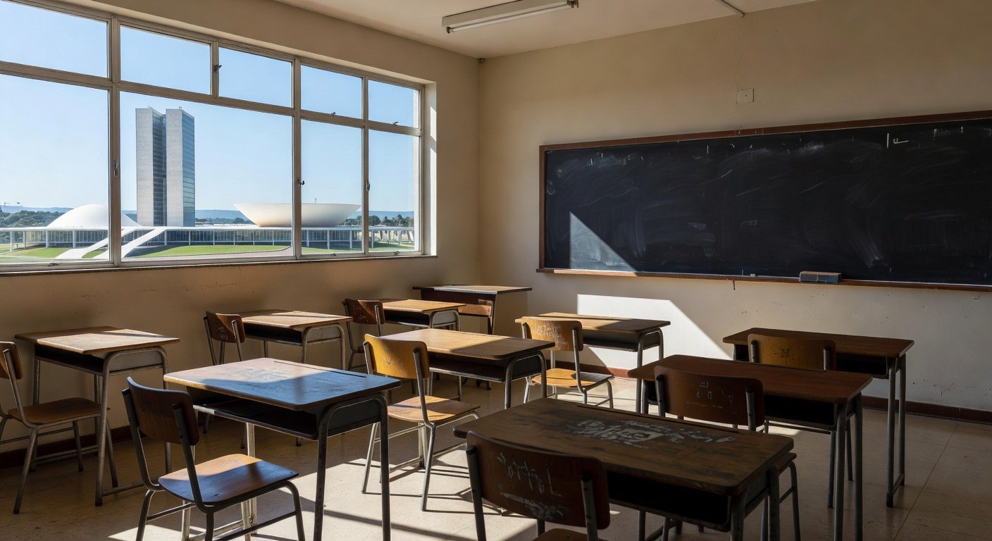 Escola pública em Brasília com arquitetura moderna e Congresso Nacional ao fundo, representando suspensão de portaria sobre remuneração de professores no DF.