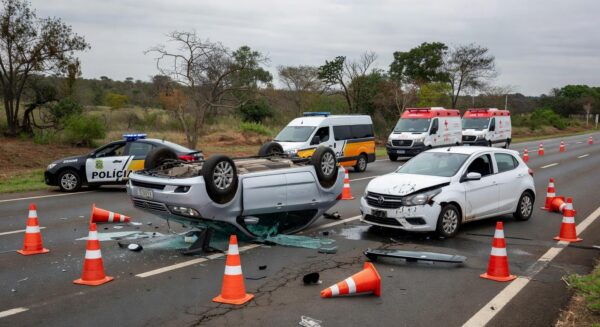 Cena de acidente na DF-250 com veículos danificados e viaturas de emergência no Paranoá, Distrito Federal.