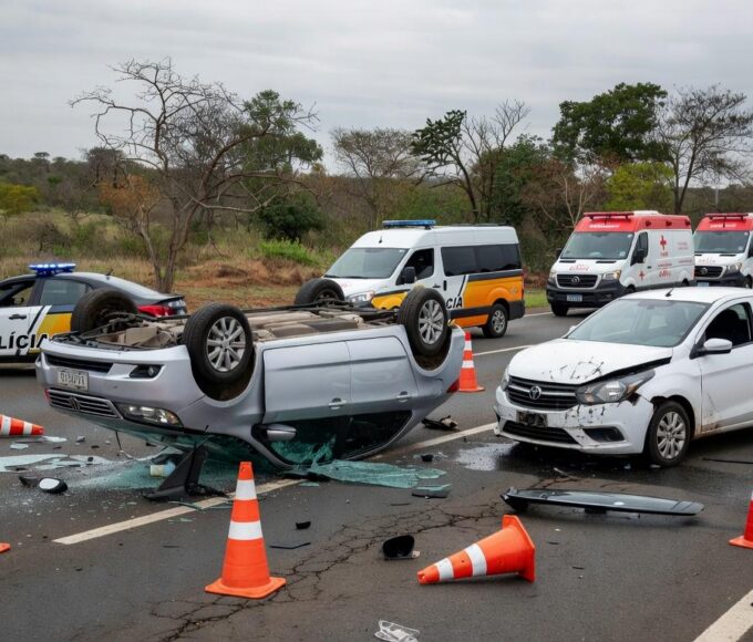 Cena de acidente na DF-250 com veículos danificados e viaturas de emergência no Paranoá, Distrito Federal.