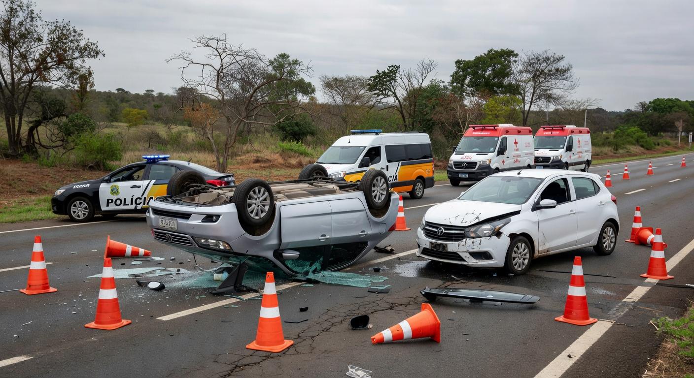 Cena de acidente na DF-250 com veículos danificados e viaturas de emergência no Paranoá, Distrito Federal.