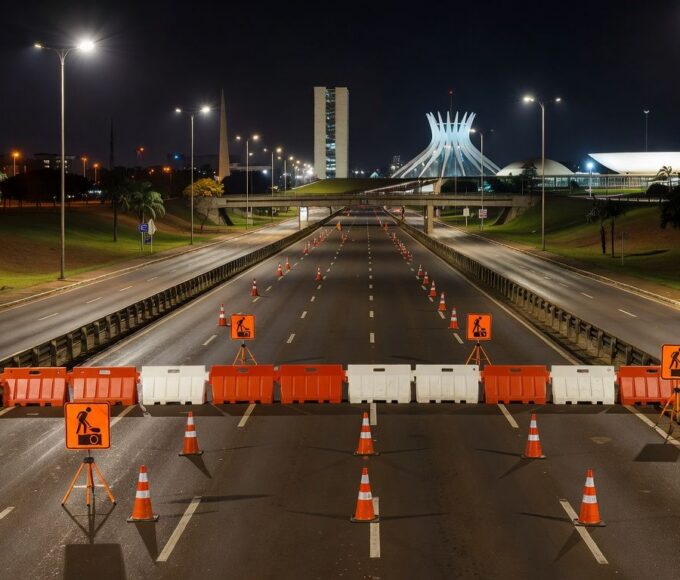 Túnel Buraco do Tatu em São Paulo interditado à noite para manutenção de câmeras, com barreiras e cones de sinalização.