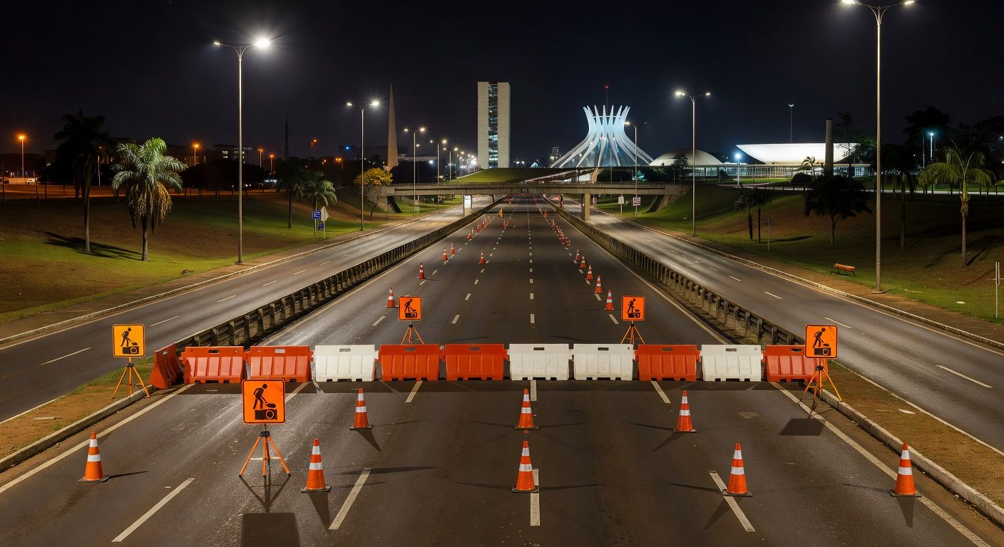 Túnel Buraco do Tatu em São Paulo interditado à noite para manutenção de câmeras, com barreiras e cones de sinalização.