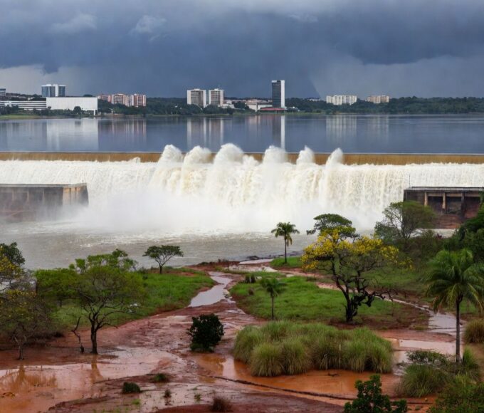 Barragem de Santa Maria transbordando no DF, destacando falhas na gestão da Caesb.