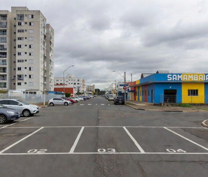 Vaga de estacionamento isolada por fita policial em rua de Samambaia, Brasília, representando cena de crime por briga de estacionamento.