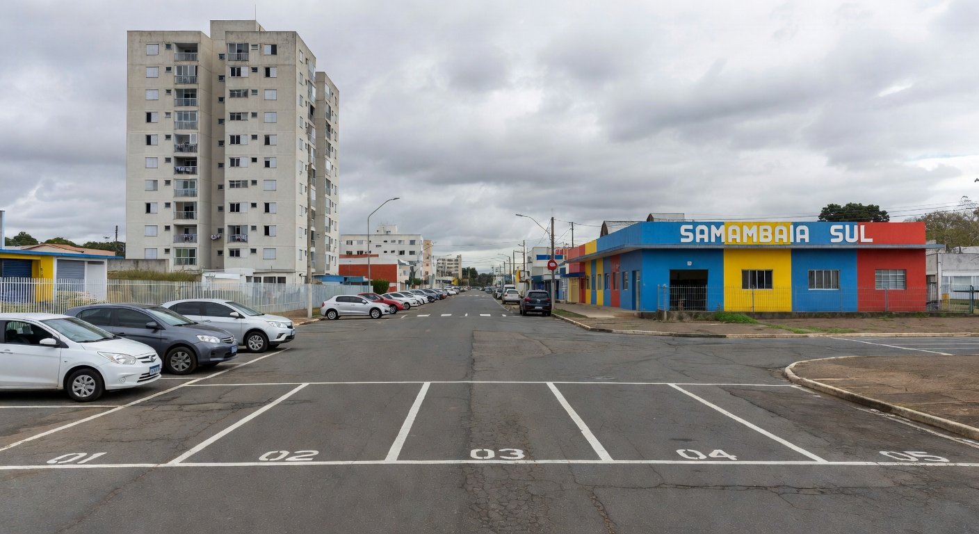Vaga de estacionamento isolada por fita policial em rua de Samambaia, Brasília, representando cena de crime por briga de estacionamento.