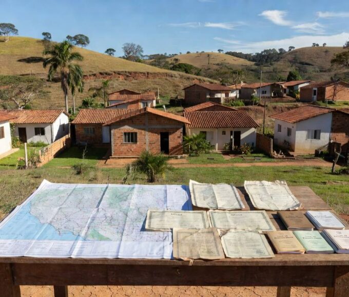 Comunidade residencial em Planaltina com casas simples e paisagem de cerrado, representando regularização fundiária pelo GDF.