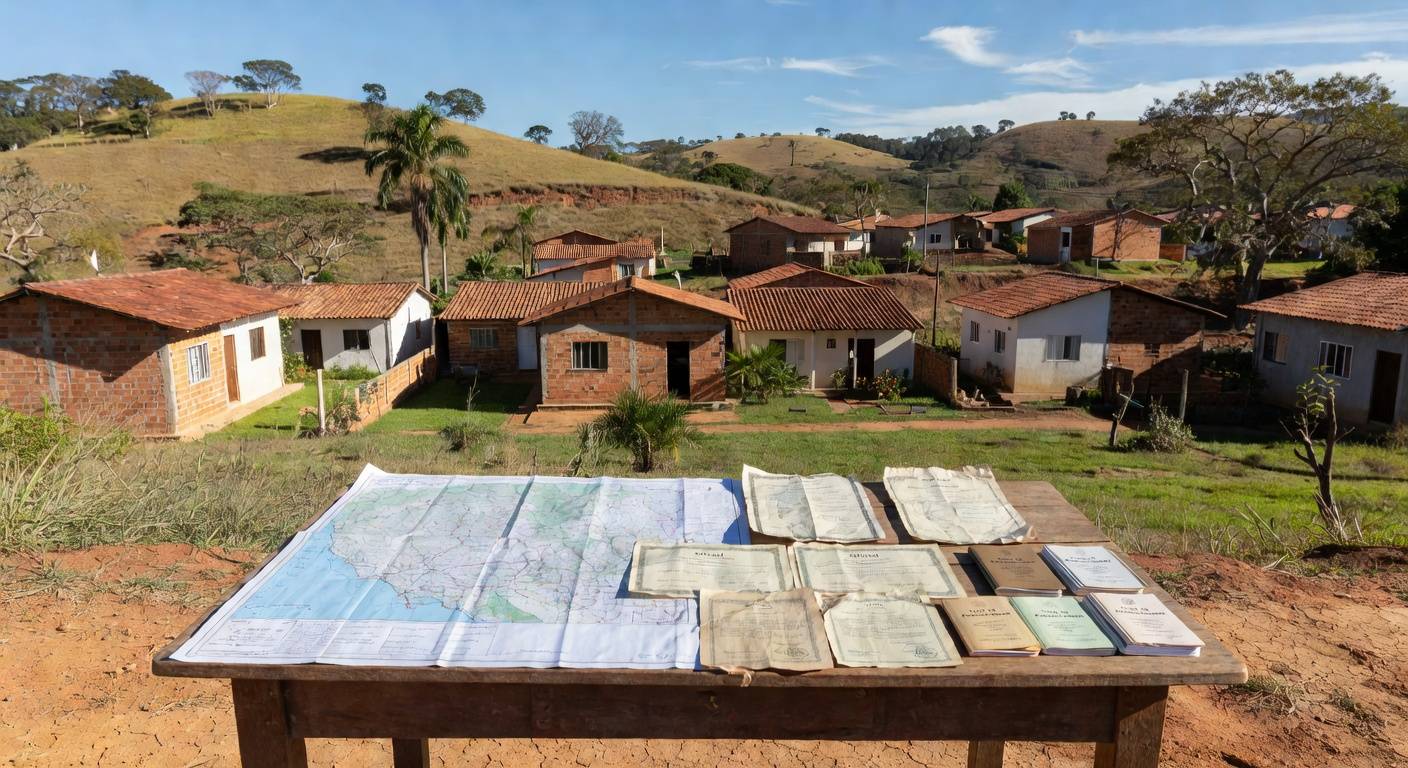 Comunidade residencial em Planaltina com casas simples e paisagem de cerrado, representando regularização fundiária pelo GDF.