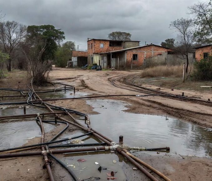 Tubulação de água danificada em rua de Sucupira, DF, destacando demoras na regularização e riscos à saúde.
