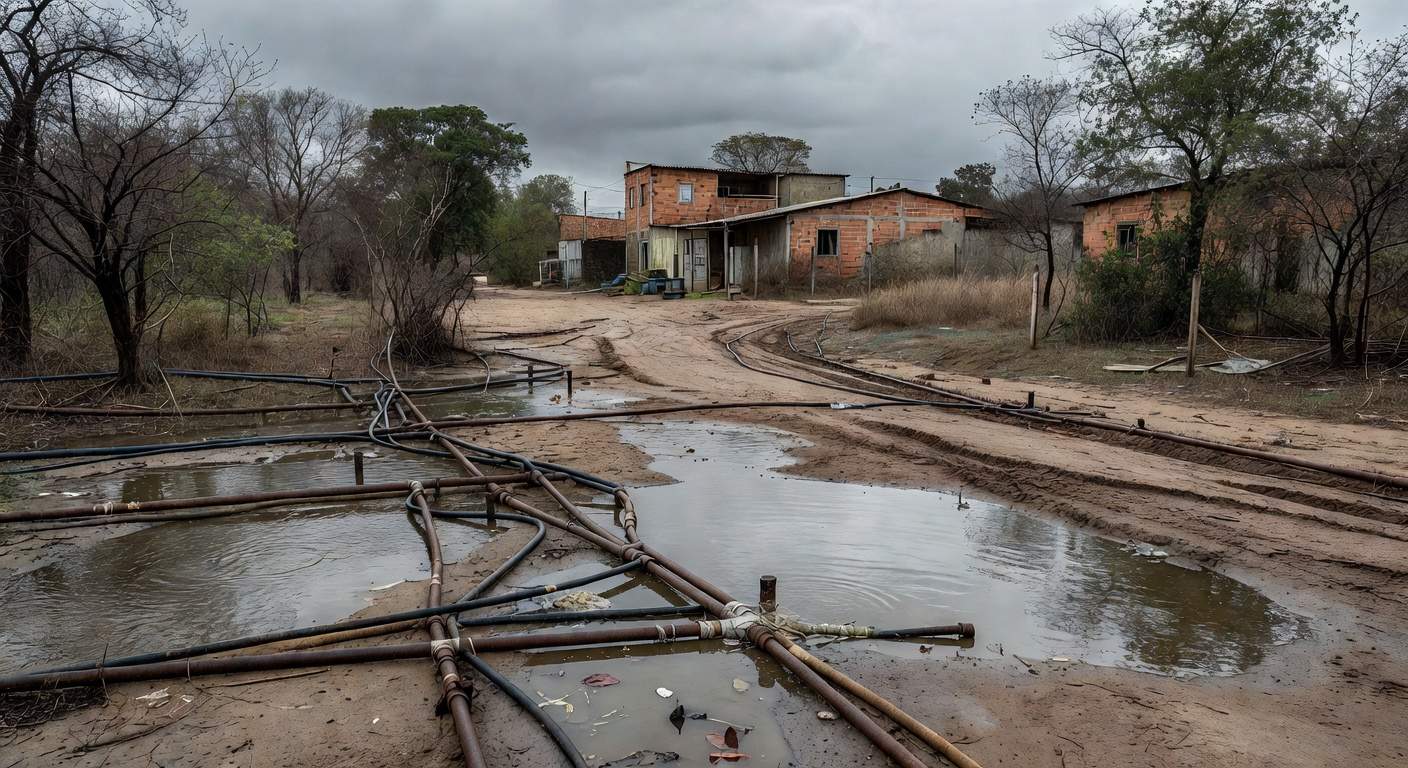 Tubulação de água danificada em rua de Sucupira, DF, destacando demoras na regularização e riscos à saúde.