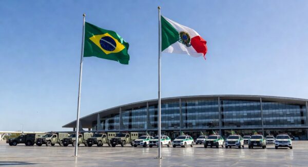 Cerimônia oficial em Brasília com bandeiras e viaturas da PMDF em frente ao TJDFT, celebrando 217 anos da polícia.