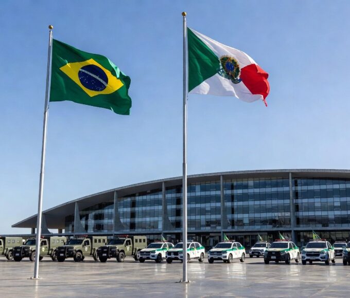 Cerimônia oficial em Brasília com bandeiras e viaturas da PMDF em frente ao TJDFT, celebrando 217 anos da polícia.