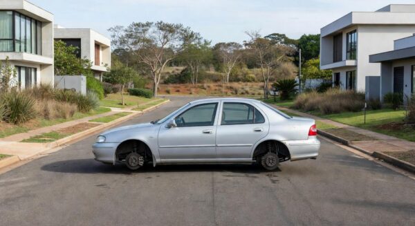 Veículo sem rodas após furto de pneus no Lago Norte, Brasília