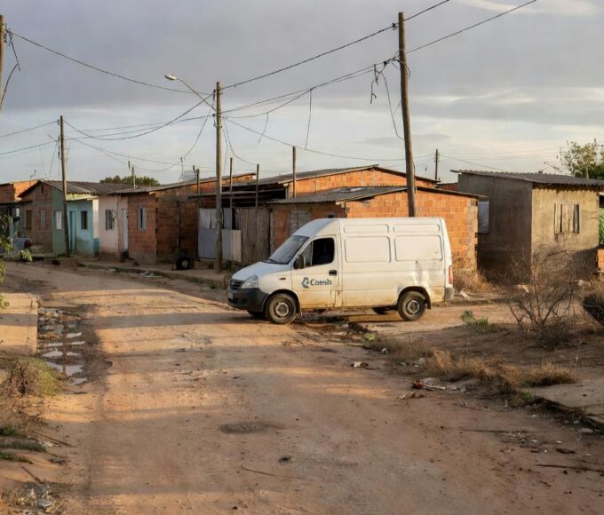 Unidade itinerante precária da Caesb em rua do DF evidenciando falhas no saneamento
