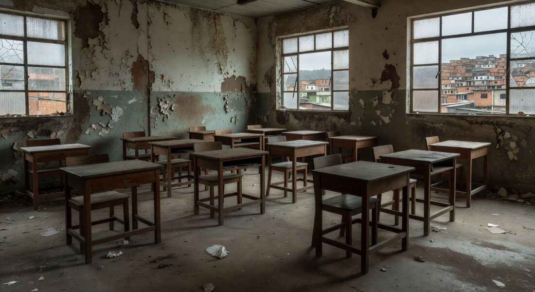 Sala de aula abandonada em escola pública brasileira representando fracasso da educação de jovens e adultos