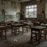 Sala de aula abandonada em escola pública brasileira representando fracasso da educação de jovens e adultos