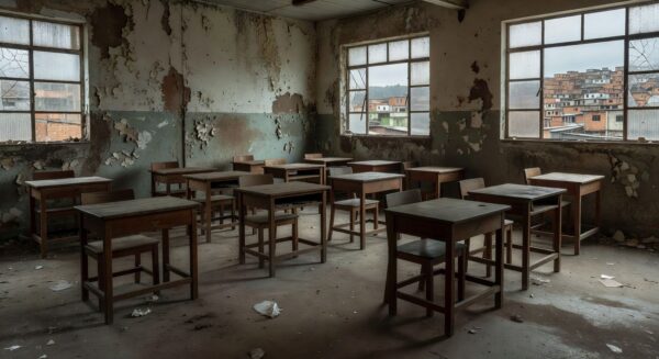 Sala de aula abandonada em escola pública brasileira representando fracasso da educação de jovens e adultos
