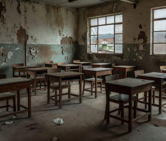 Sala de aula abandonada em escola pública brasileira representando fracasso da educação de jovens e adultos