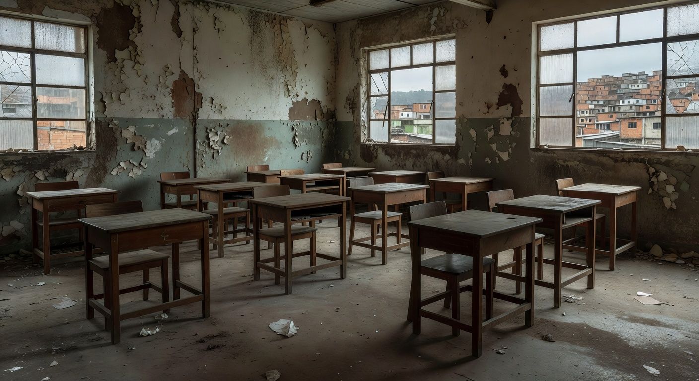 Sala de aula abandonada em escola pública brasileira representando fracasso da educação de jovens e adultos