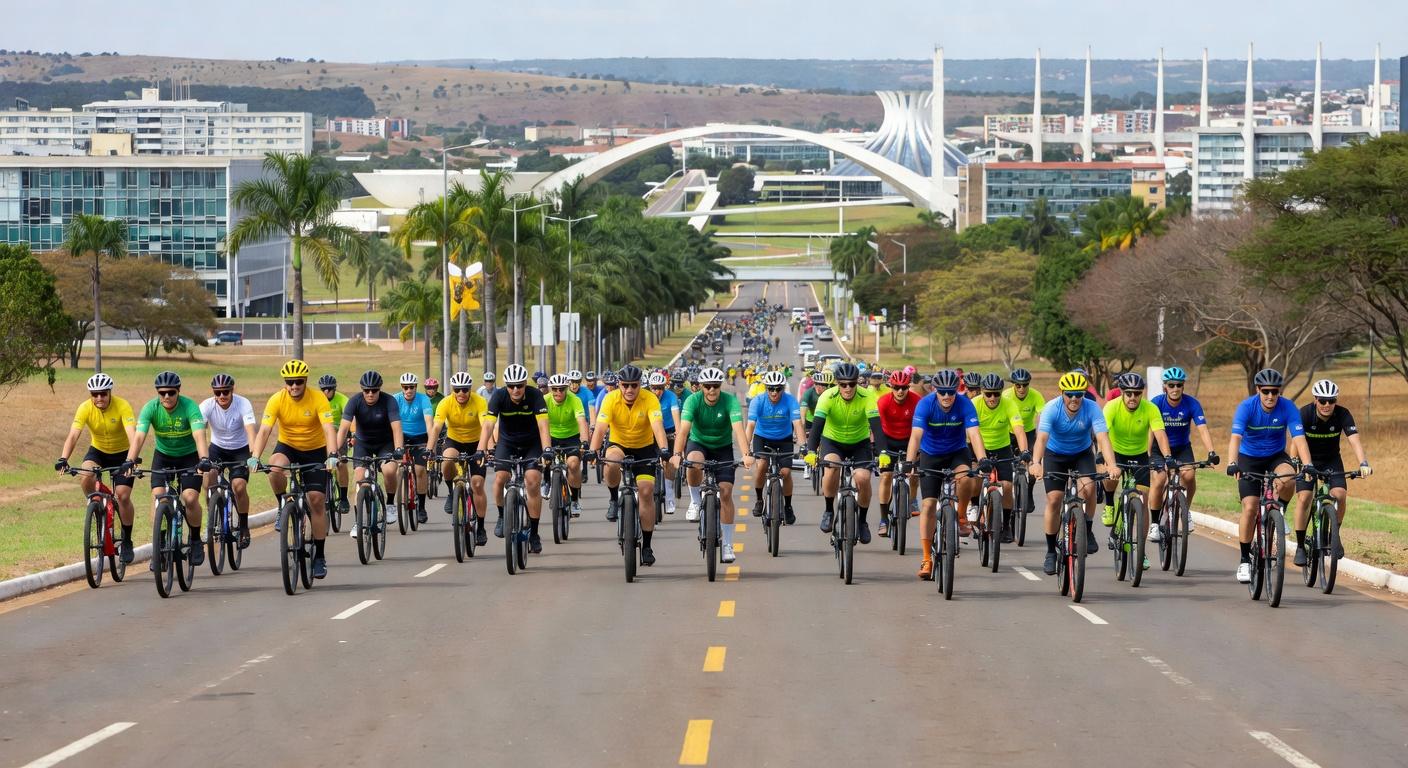 Ciclistas no passeio do Maio Amarelo 2026 no Eixão Sul em Brasília
