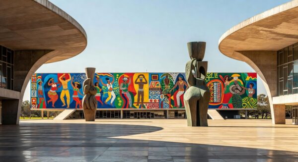 Centro cultural em Brasília com elementos artísticos sobre conselhos regionais de cultura no DF