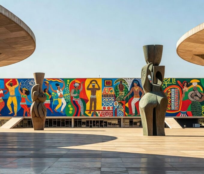 Centro cultural em Brasília com elementos artísticos sobre conselhos regionais de cultura no DF