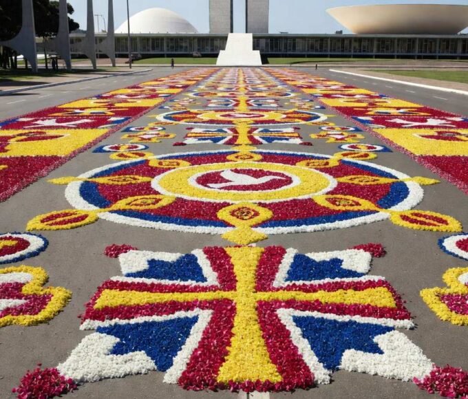 Tapete de 125 metros de Corpus Christi feito com serragem colorida em Brasília