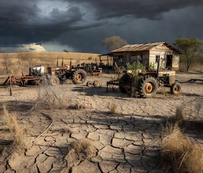 Paisagem rural brasileira com plantações secas representando desafios do empreendedorismo no campo