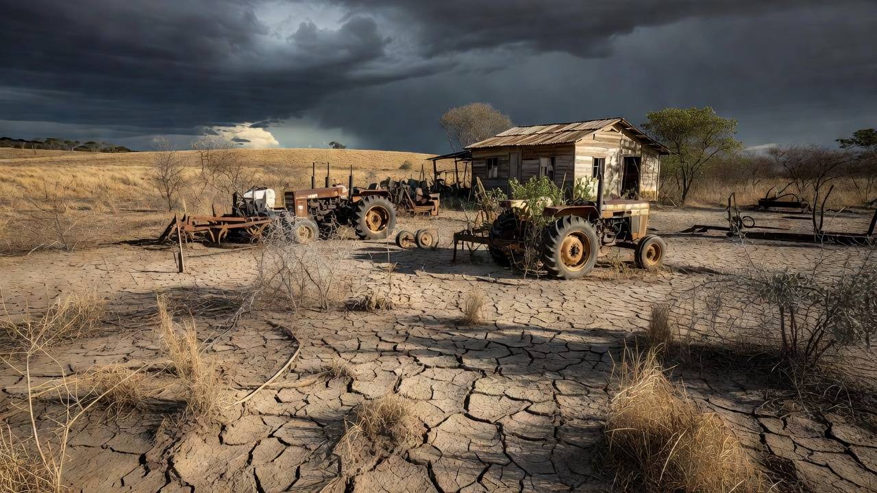 Paisagem rural brasileira com plantações secas representando desafios do empreendedorismo no campo