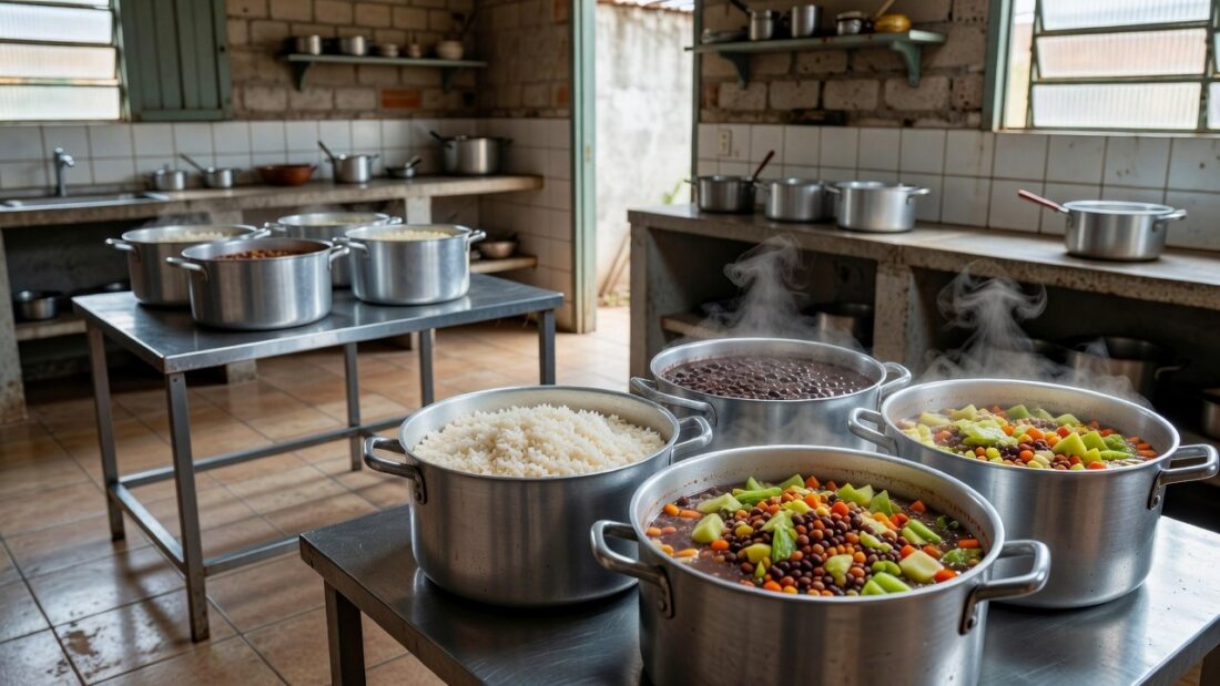 Cozinha solidária com panelas de comida em comunidade do DF
