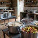 Cozinha solidária com panelas de comida em comunidade do DF