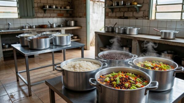 Cozinha solidária com panelas de comida em comunidade do DF