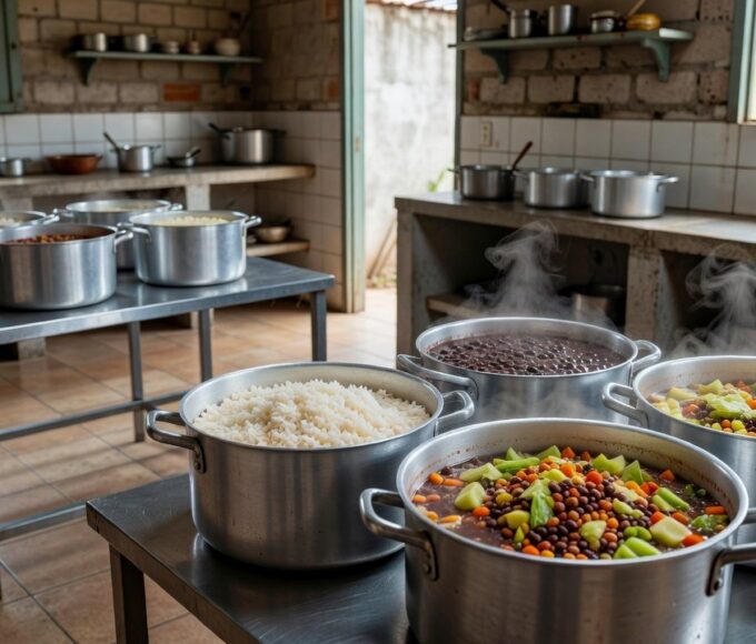 Cozinha solidária com panelas de comida em comunidade do DF
