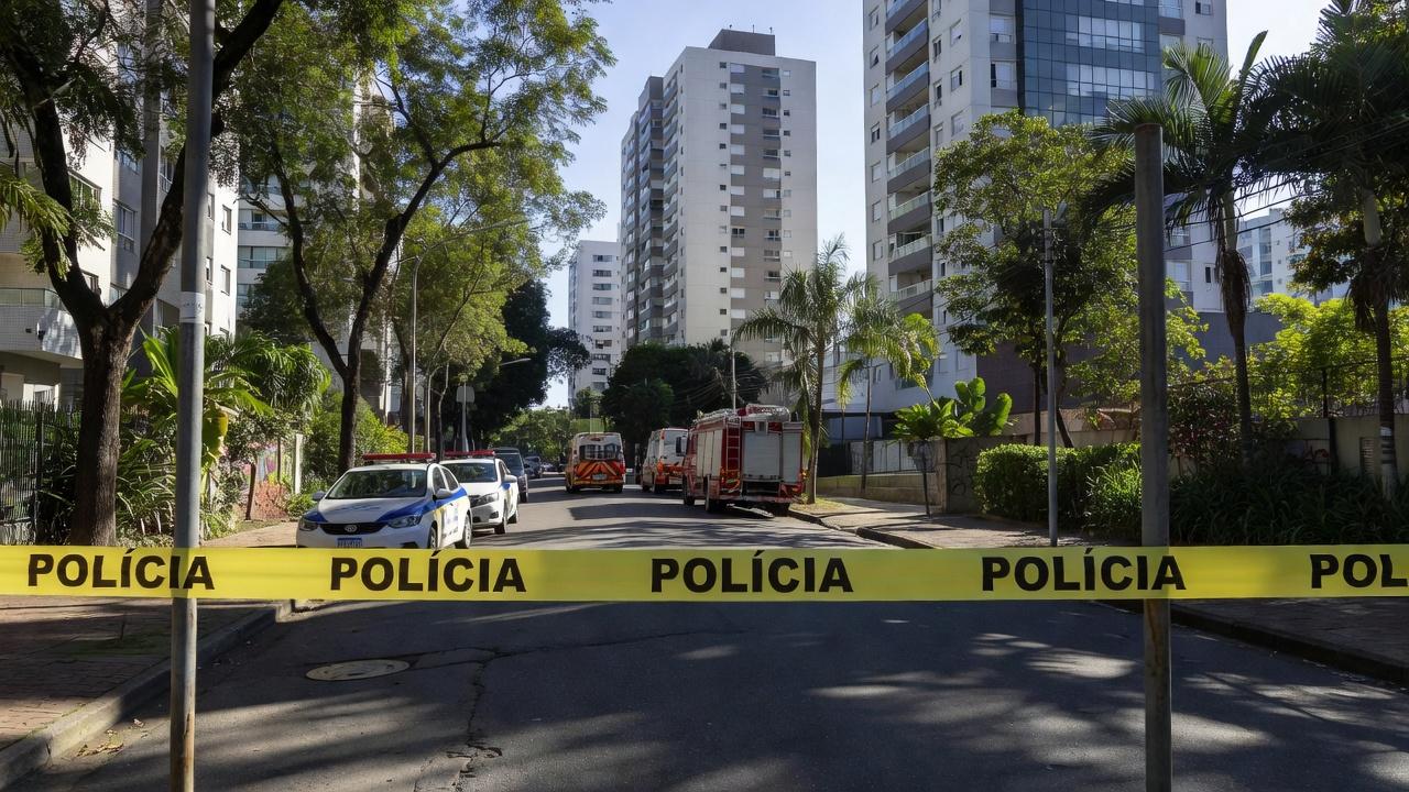 Condomínio no Distrito Federal com fita de isolamento policial