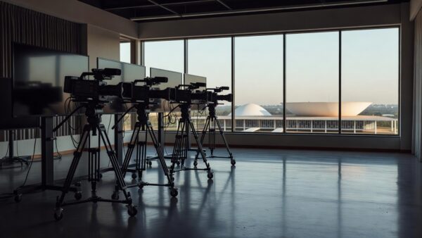 Estúdio de TV vazio em Brasília com equipamentos e vista do Congresso Nacional