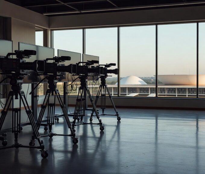 Estúdio de TV vazio em Brasília com equipamentos e vista do Congresso Nacional