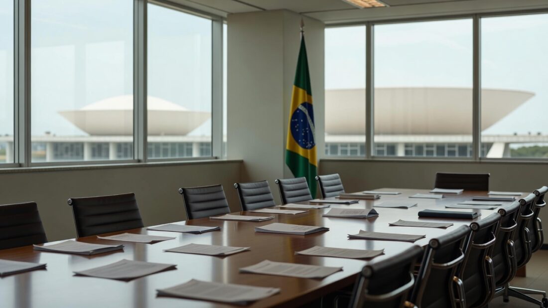 Sala de reuniões vazia após encontro político do MDB em Brasília