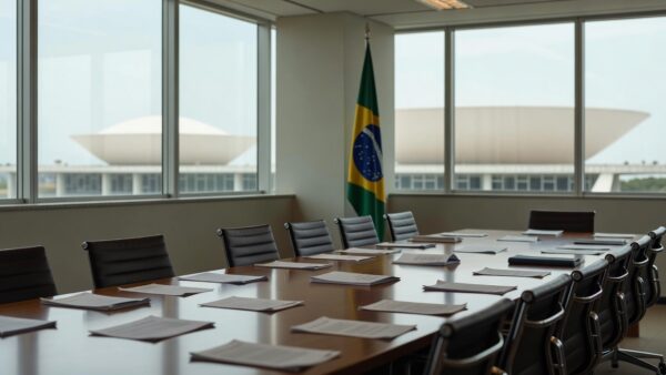 Sala de reuniões vazia após encontro político do MDB em Brasília