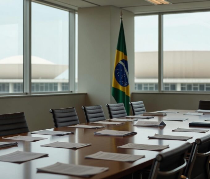 Sala de reuniões vazia após encontro político do MDB em Brasília