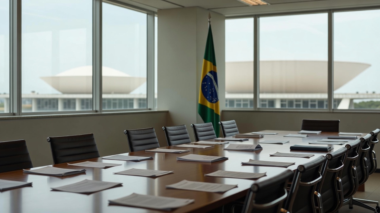 Sala de reuniões vazia após encontro político do MDB em Brasília