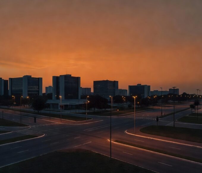 Horizonte urbano de Brasília ao entardecer com ruas vazias, simbolizando mortes violentas no DF