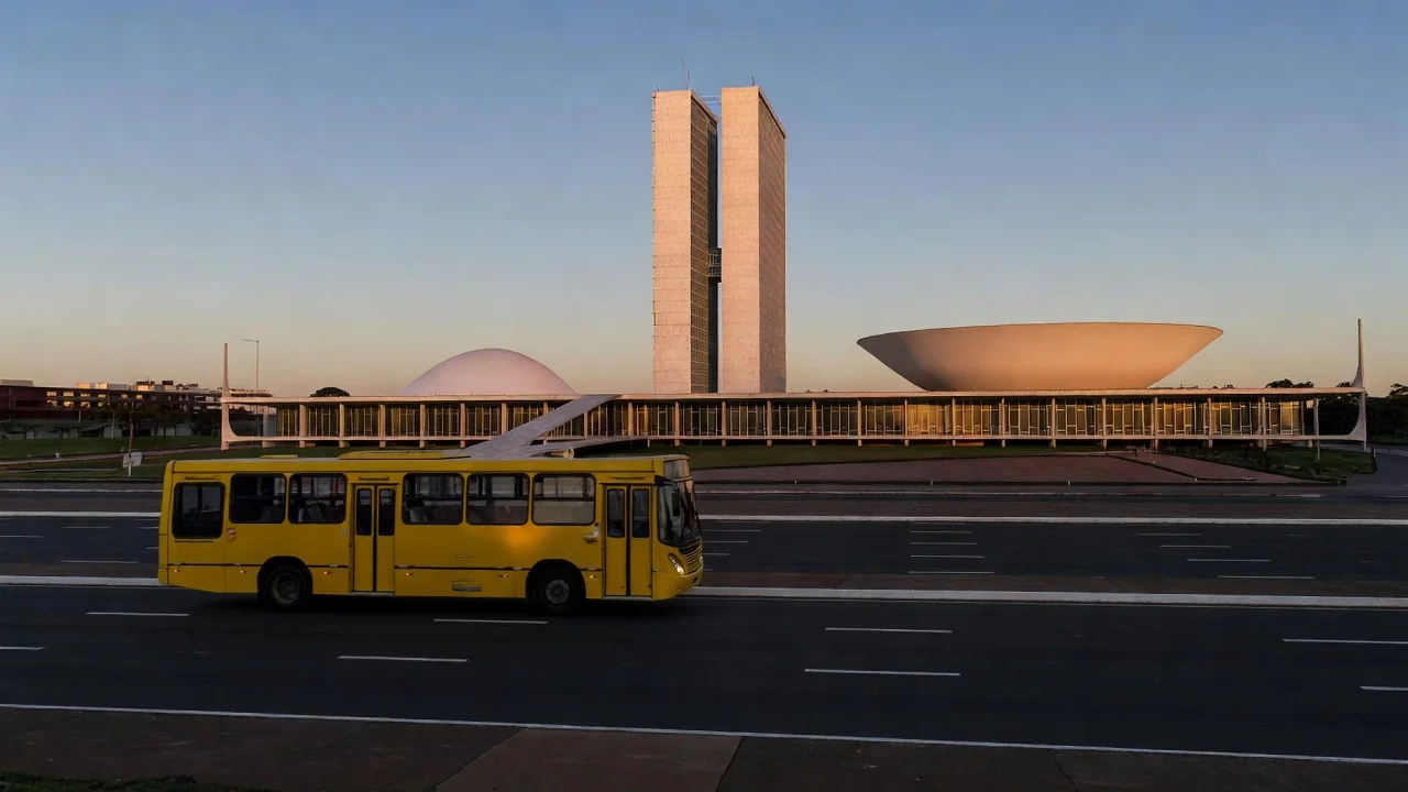 Ônibus do DF em avenida de Brasília com Congresso Nacional ao fundo