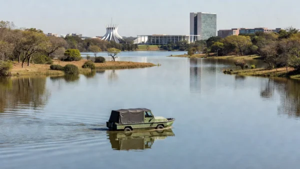Carro anfíbio circulando no Lago Paranoá em Brasília