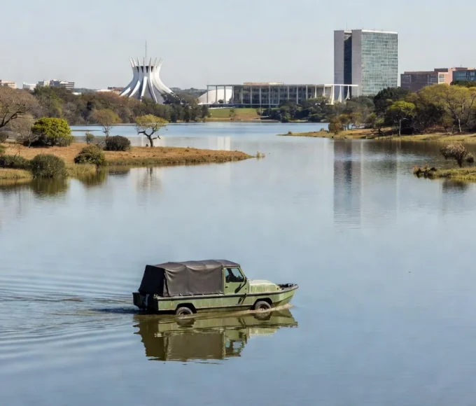 Carro anfíbio circulando no Lago Paranoá em Brasília