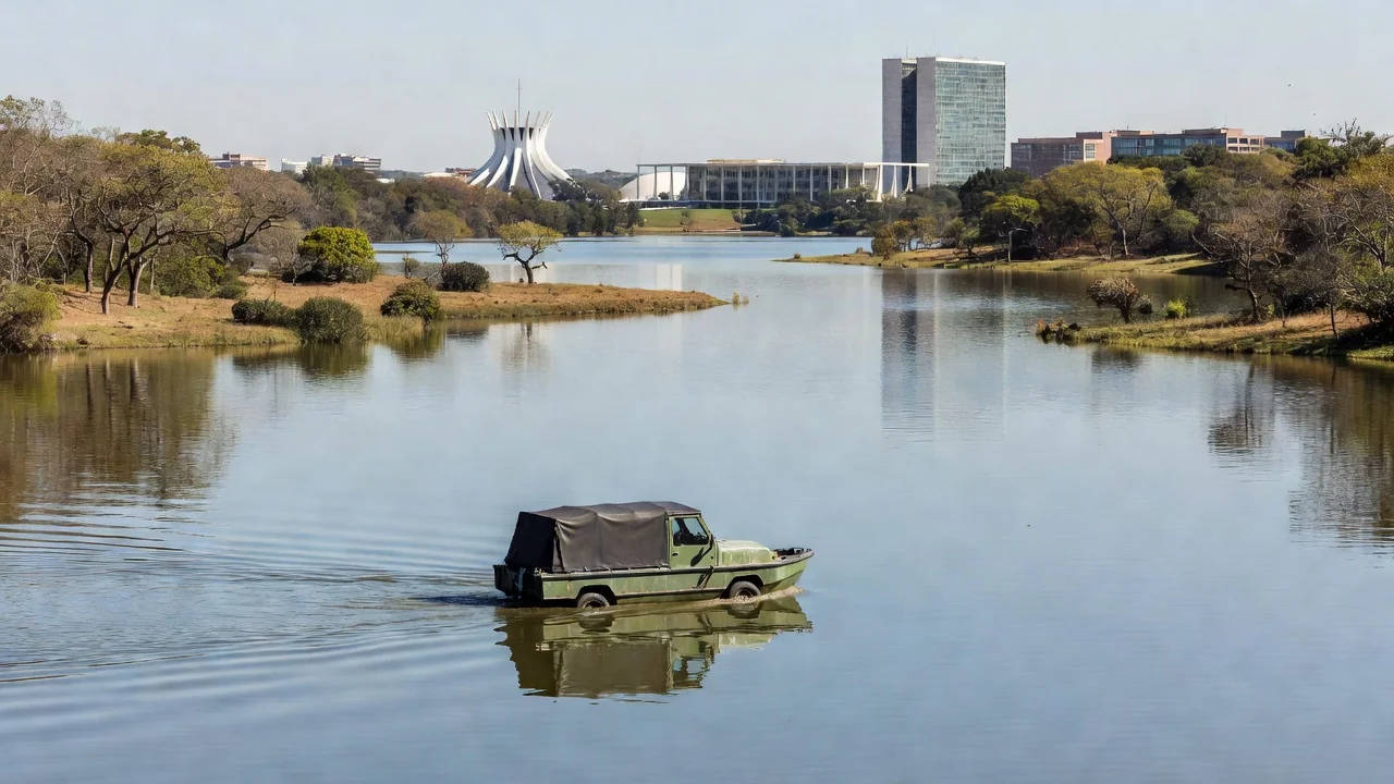 Carro anfíbio circulando no Lago Paranoá em Brasília