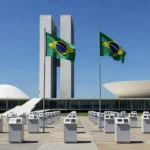 Congresso Nacional em Brasília com urnas e bandeiras representando campanha política