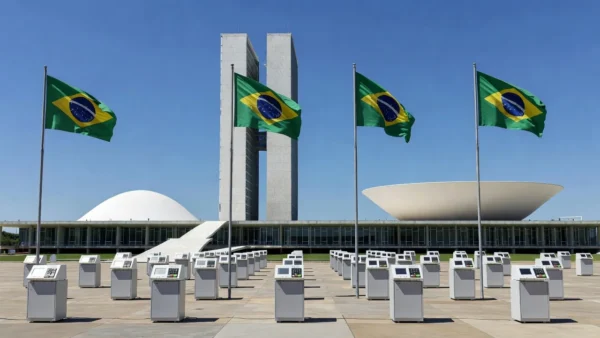 Congresso Nacional em Brasília com urnas e bandeiras representando campanha política
